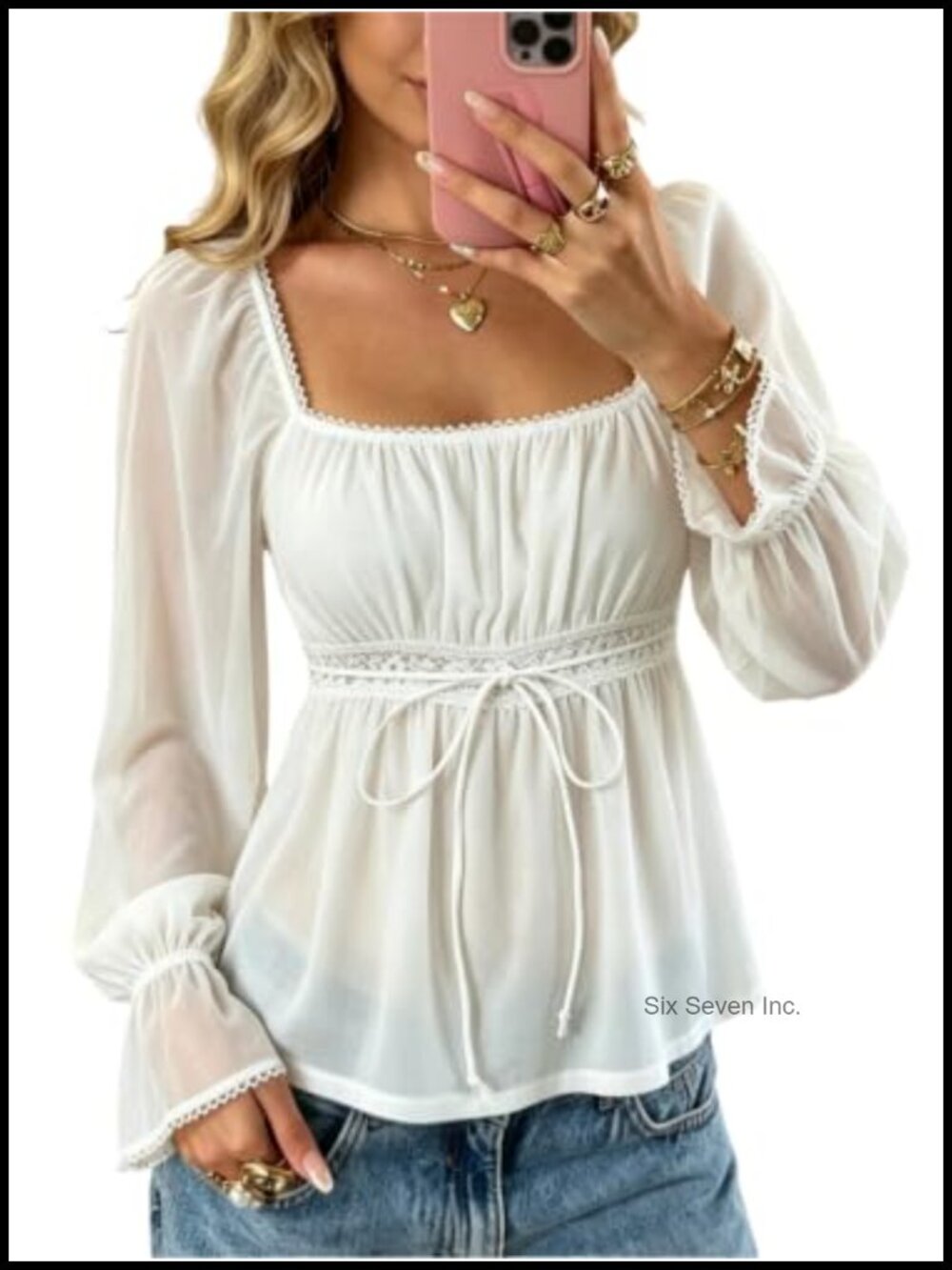 Women's Lace Peplum Blouse Square Neck Long Sleeve Tie Front Top